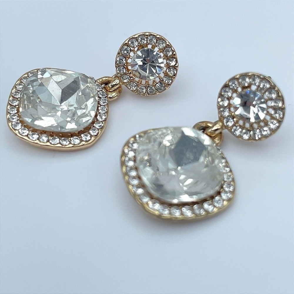 Vintage 90s Gold Tone Cushion Cut Halo Post Dangle Earrings Women's Jewelry Y2K
